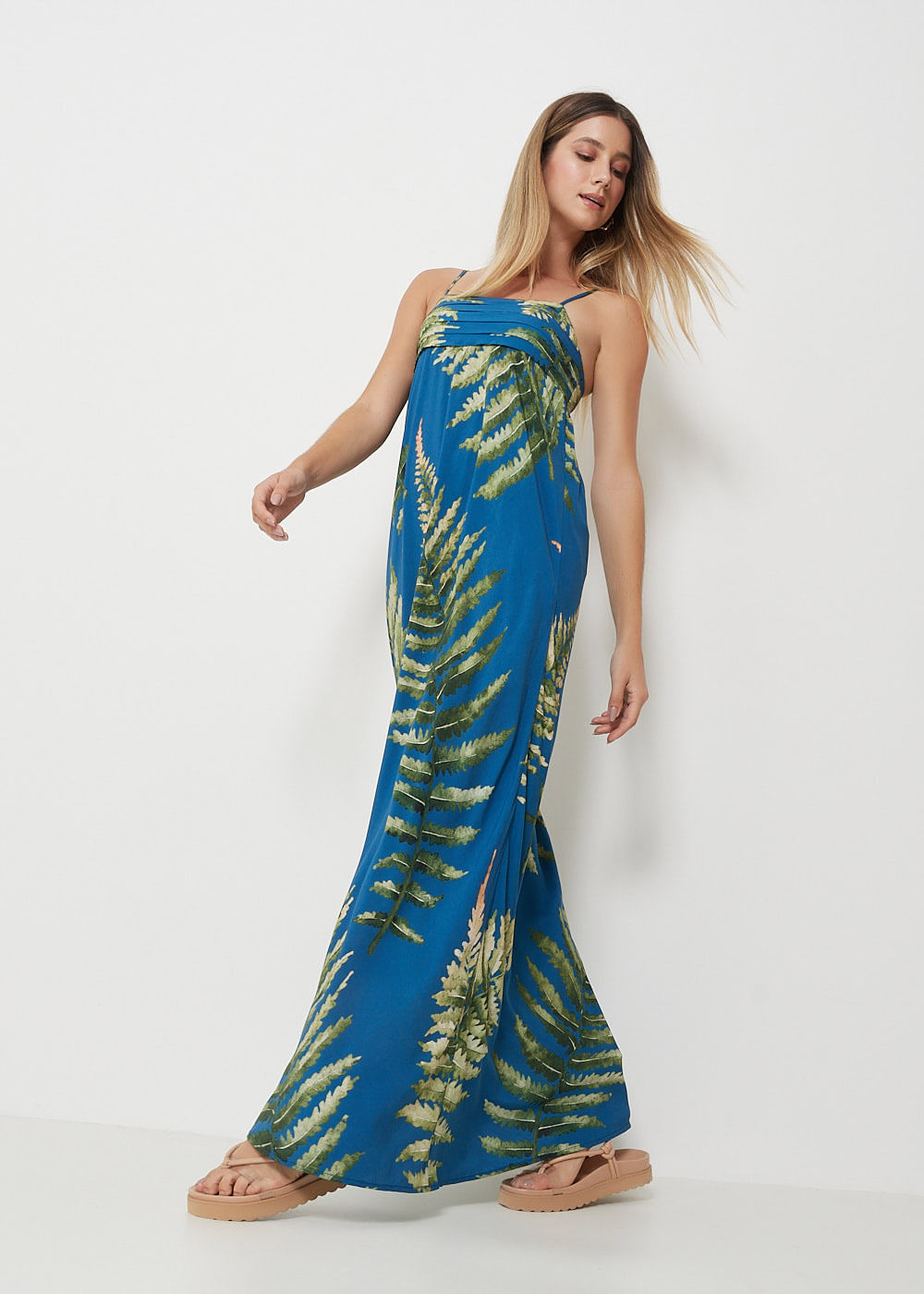 53.50.3010AZU VESTIDO LONGO DRAPEADO ESTAMPA SAMAMBAIA