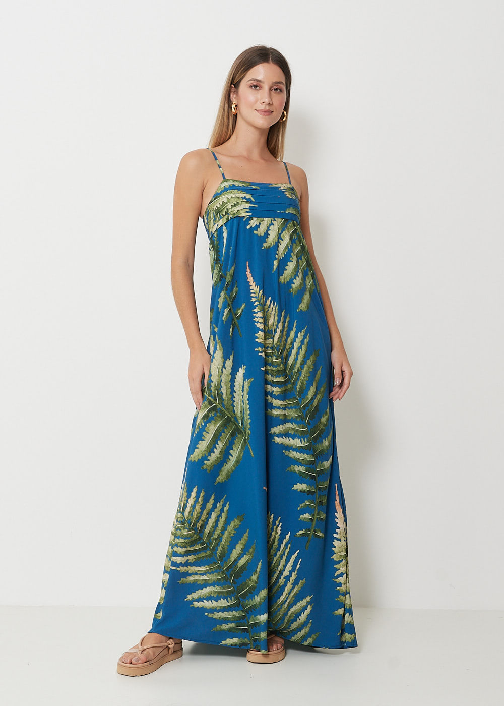 53.50.3010AZU VESTIDO LONGO DRAPEADO ESTAMPA SAMAMBAIA