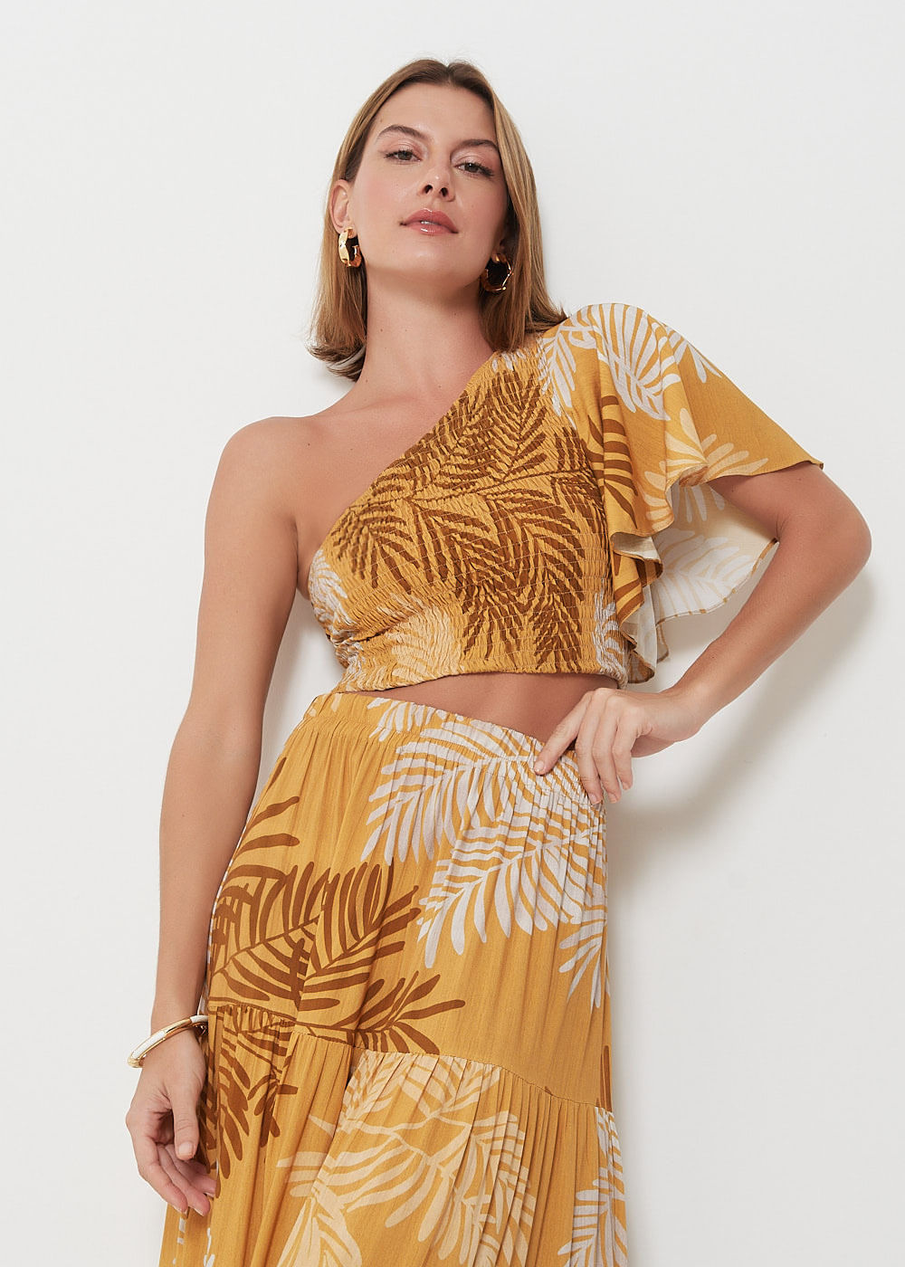 59.60.3021EST BLUSA CROPPED OMBRO ÚNICO ESTAMPA PALMEIRA