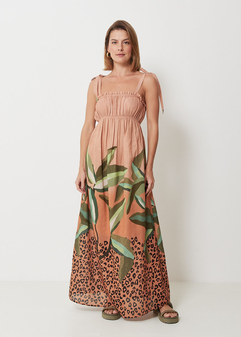 53.50.3028EST VESTIDO LONGO BUSTO FRANZIDO ESTAMPA PANTANAL