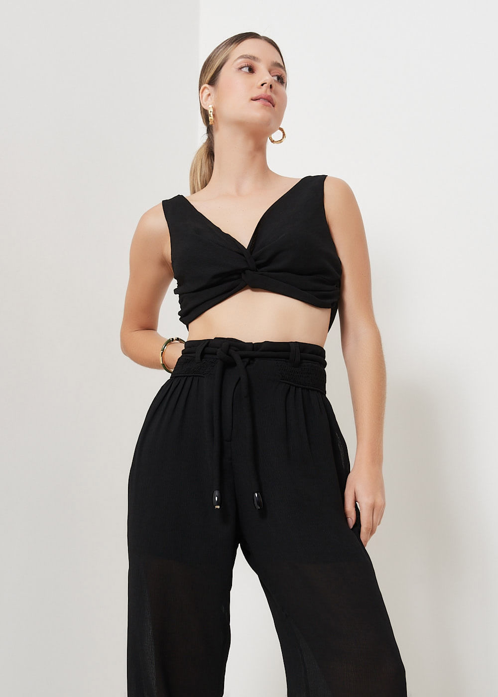 52.10.3015PTO CALÇA JOGGER CHIFFON CORDÃO AMARRAÇÃO