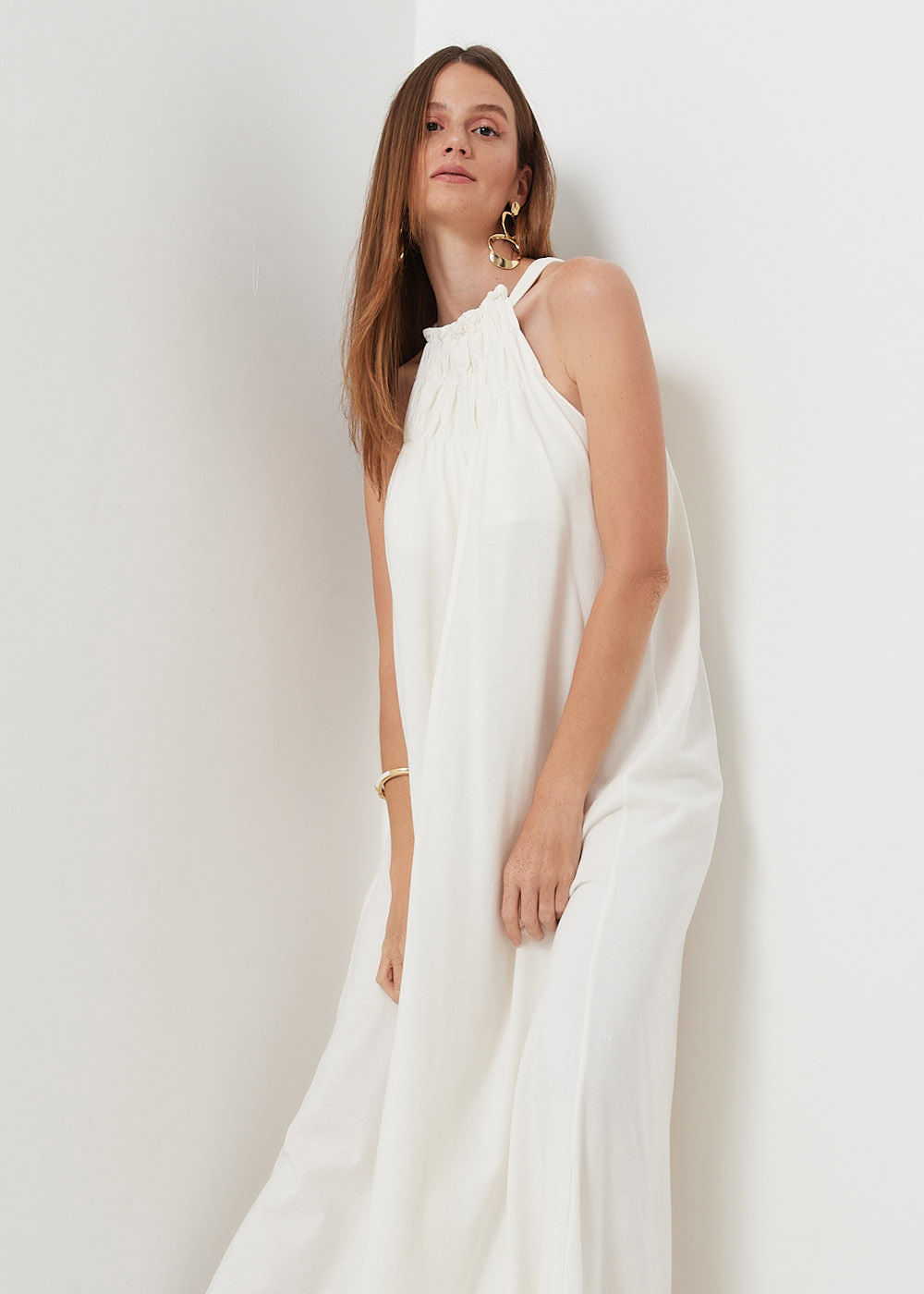 63.40.3004OFW VESTIDO LONGO MALHA DECOTE HALTER FRANZIDO