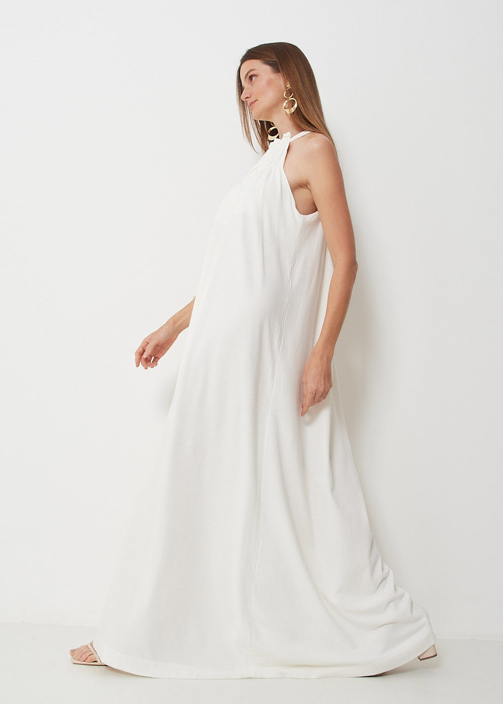 63.40.3004OFW VESTIDO LONGO MALHA DECOTE HALTER FRANZIDO