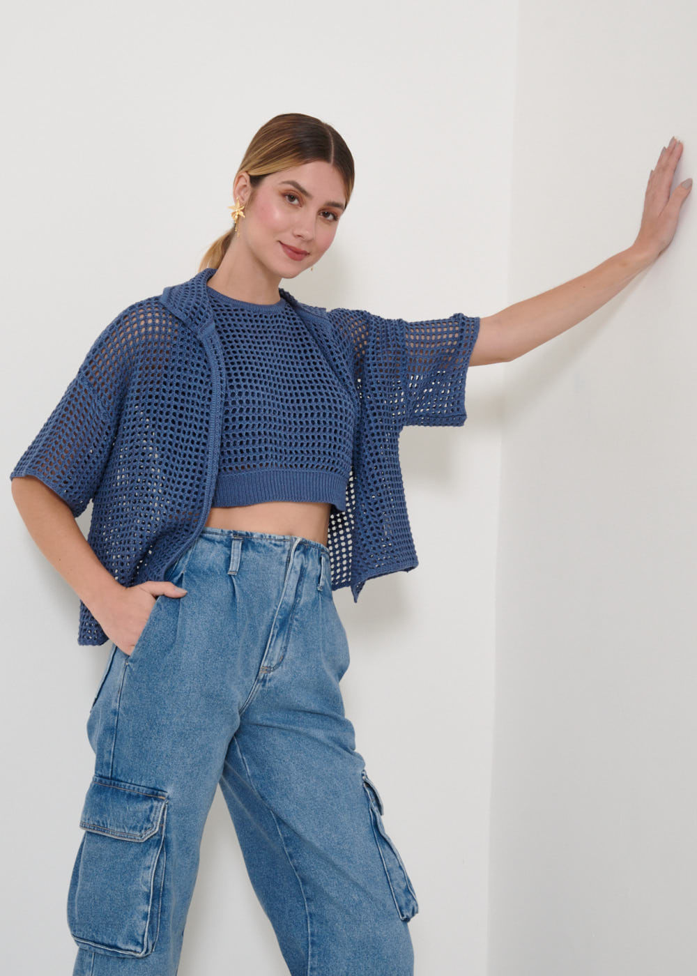 49.60.3203NOI CAMISA DE TRICOT M/C PONTO VAZADO