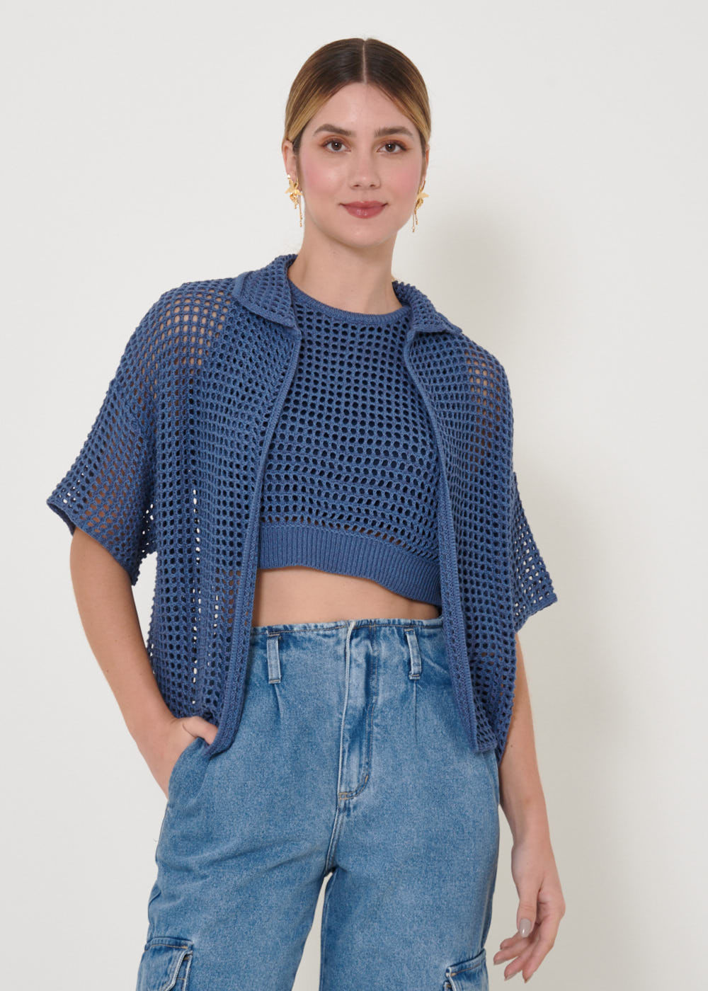 49.60.3203NOI CAMISA DE TRICOT M/C PONTO VAZADO