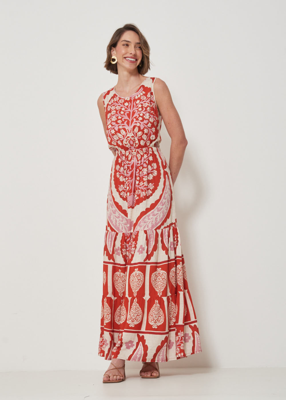 53.50.3223GOI VESTIDO LONGO REGATA ESTAMPA BOHO GARDEN