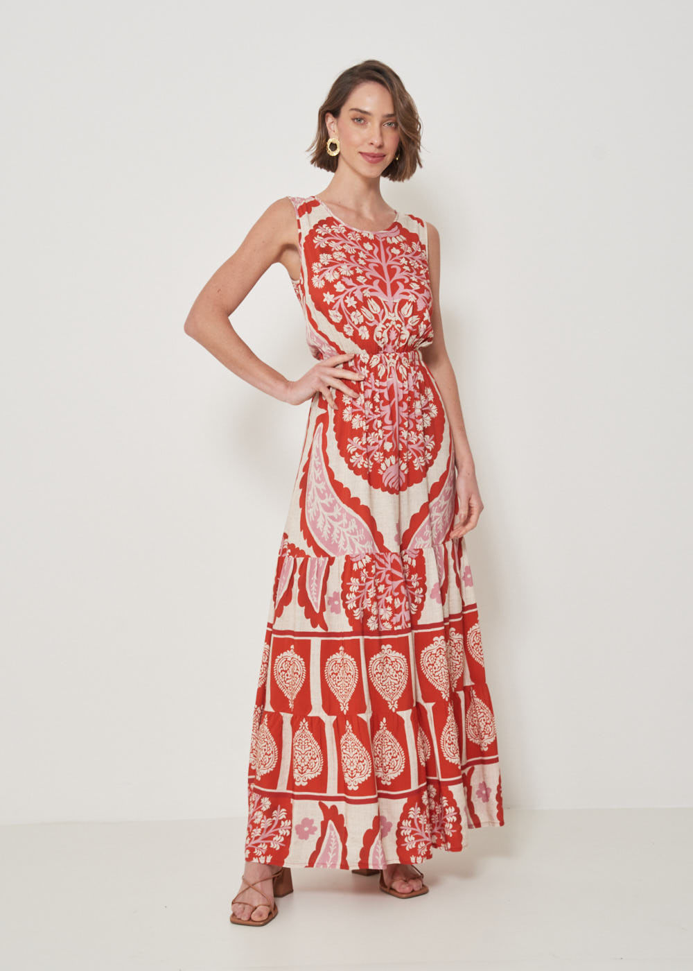53.50.3223GOI VESTIDO LONGO REGATA ESTAMPA BOHO GARDEN