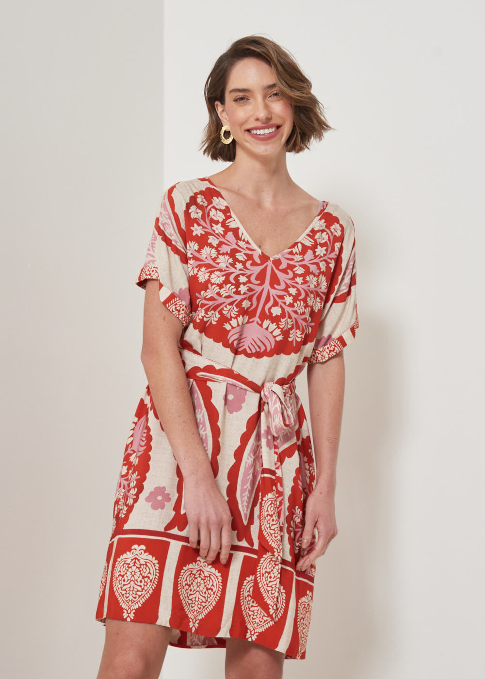 53.22.3210GOI VESTIDO M/C COM FAIXA ESTAMPA BOHO GARDEN