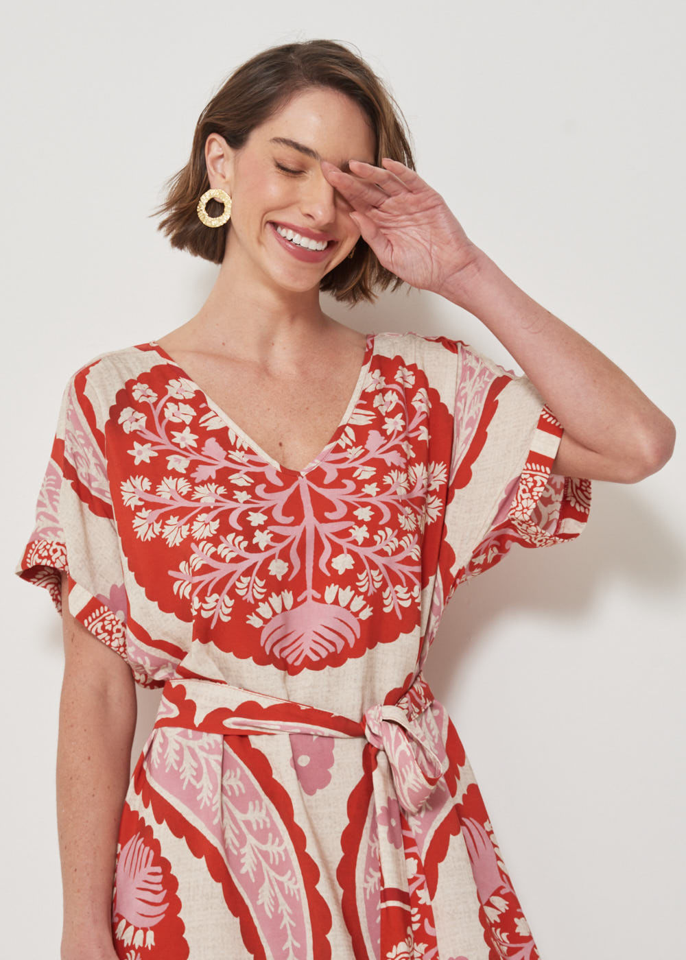 53.22.3210GOI VESTIDO M/C COM FAIXA ESTAMPA BOHO GARDEN