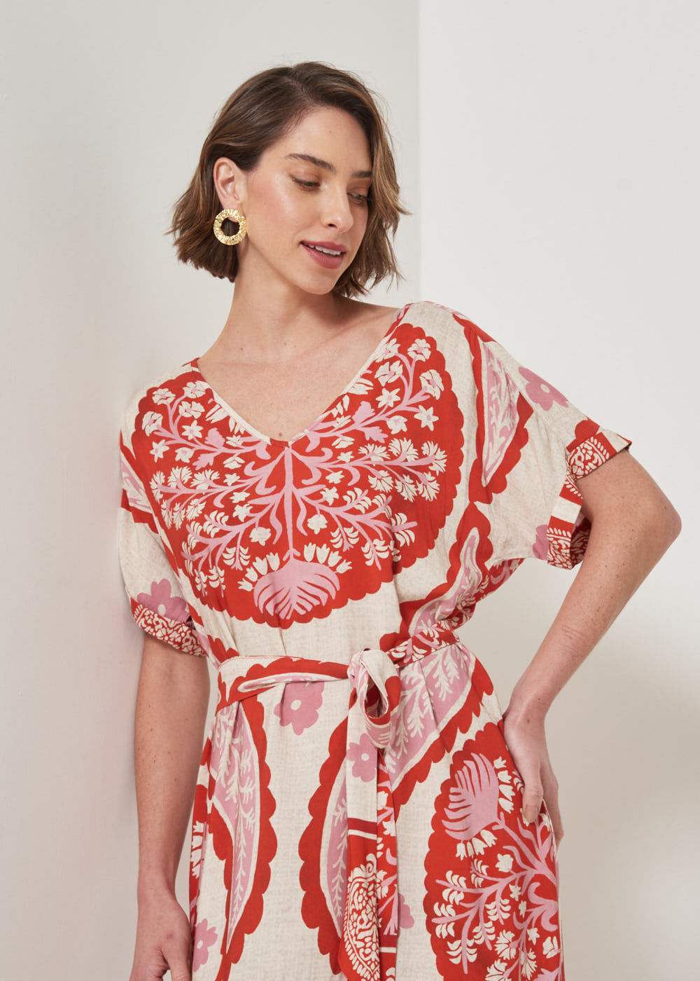 53.22.3210GOI VESTIDO M/C COM FAIXA ESTAMPA BOHO GARDEN