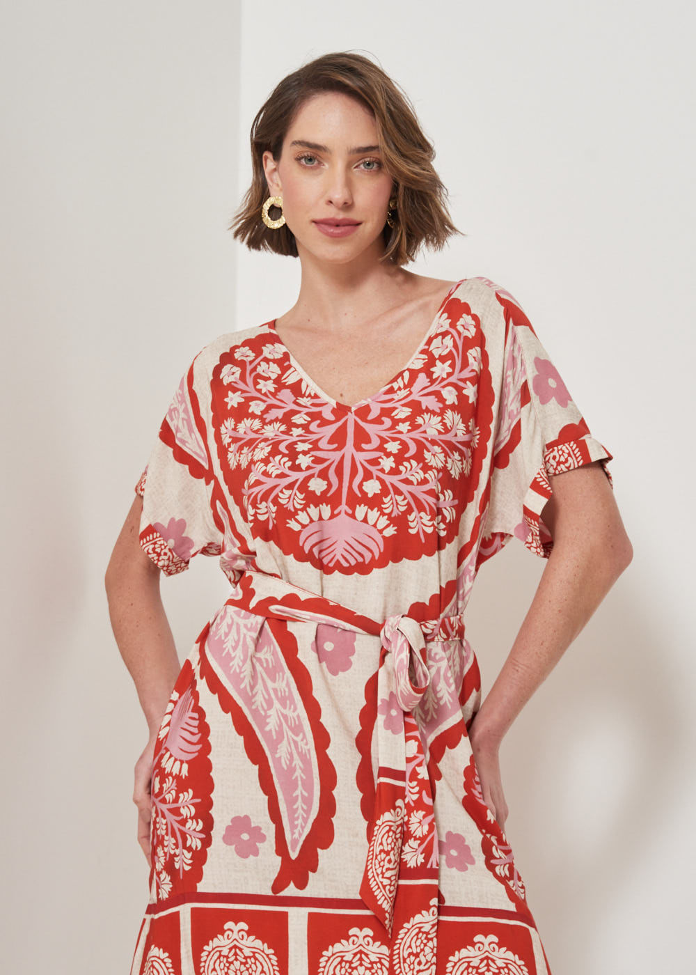 53.22.3210GOI VESTIDO M/C COM FAIXA ESTAMPA BOHO GARDEN