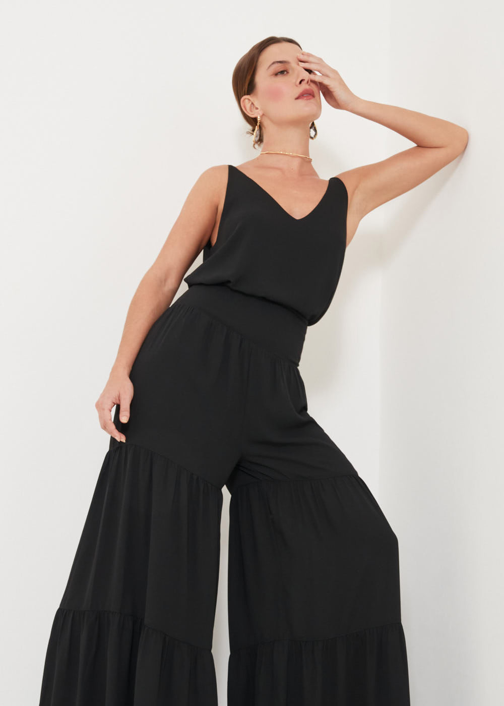 52.10.3217PTO CALÇA PANTALONA  CHIFFON DETALHE RECORTES