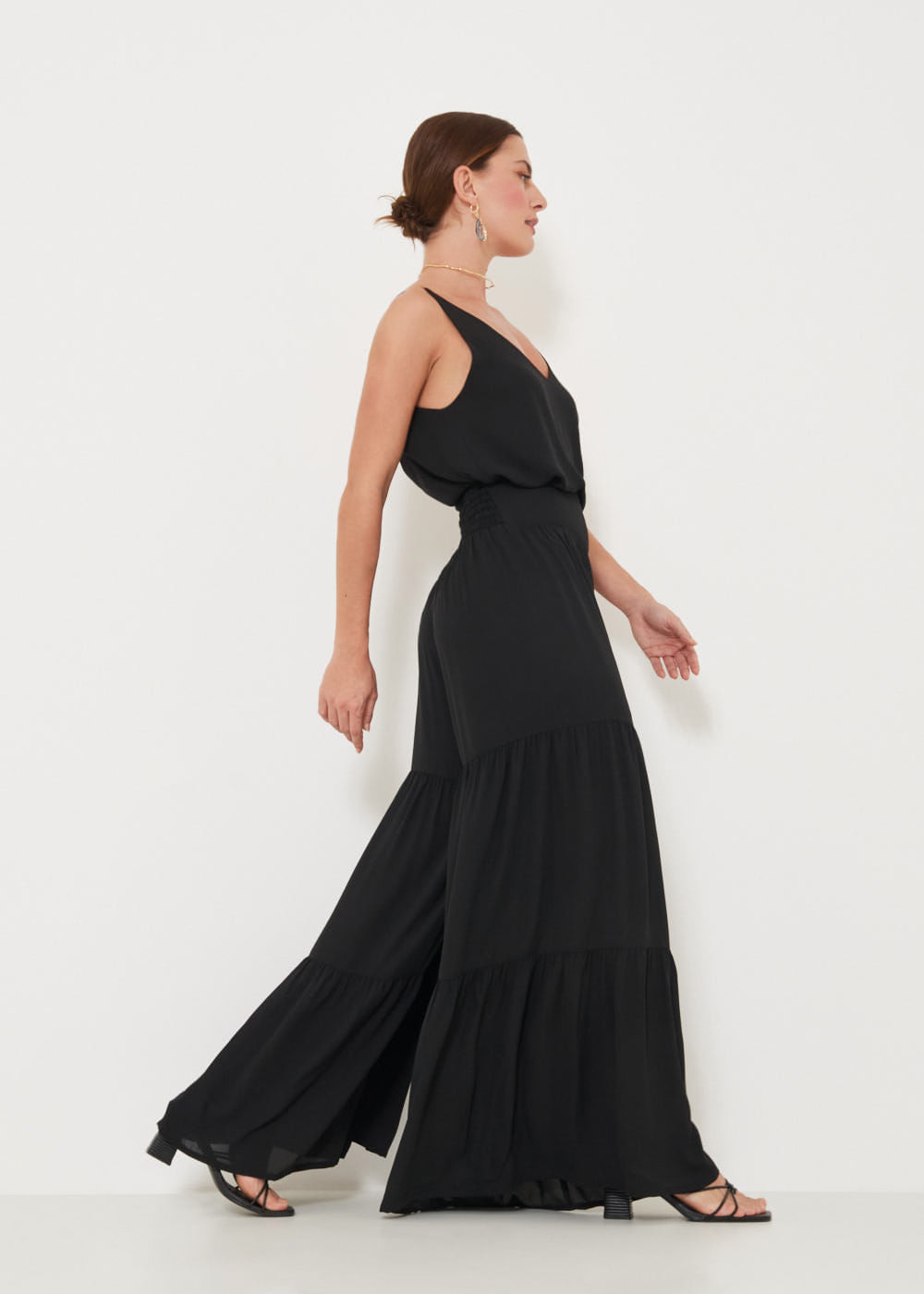 52.10.3217PTO CALÇA PANTALONA  CHIFFON DETALHE RECORTES