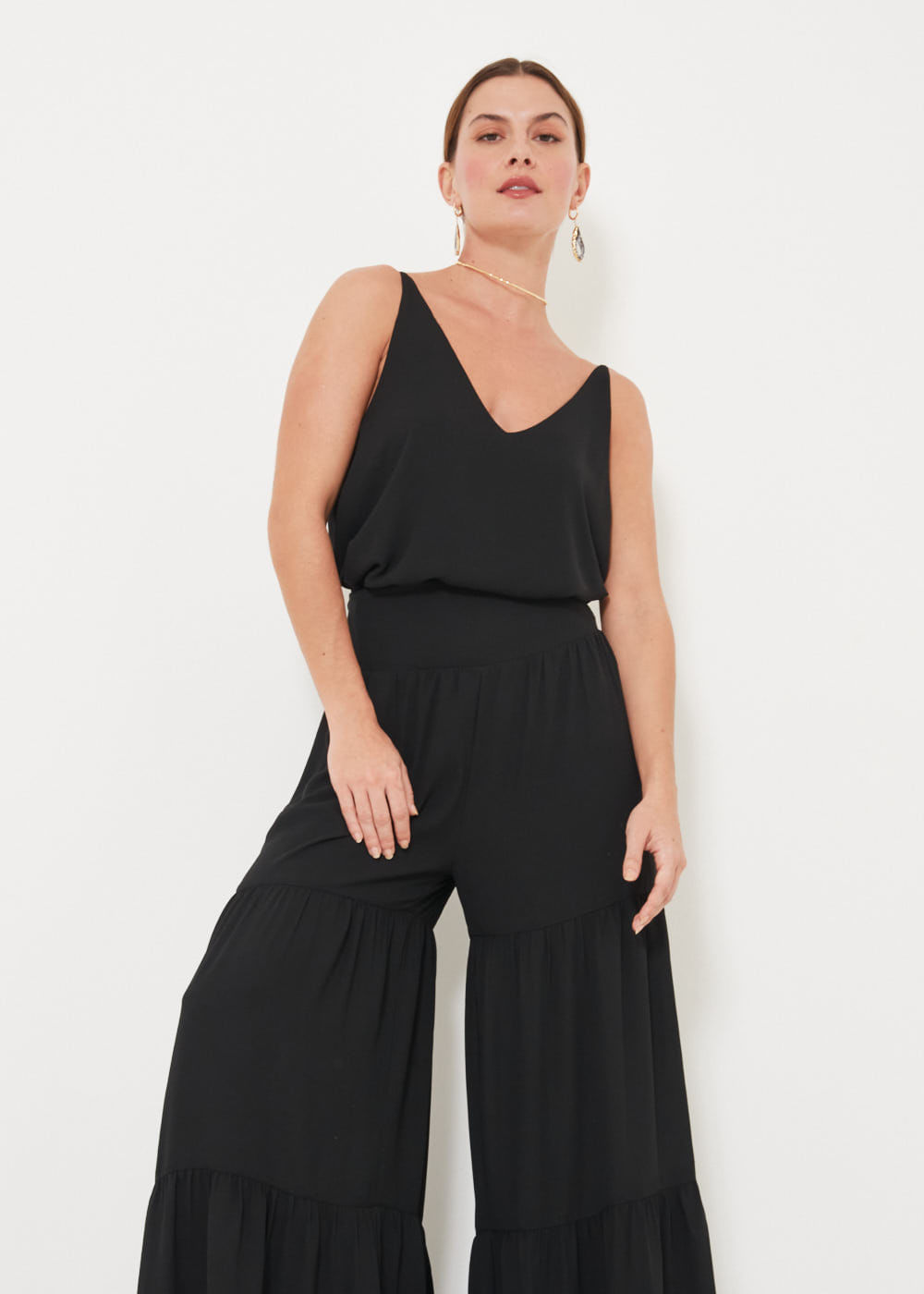 52.10.3217PTO CALÇA PANTALONA  CHIFFON DETALHE RECORTES