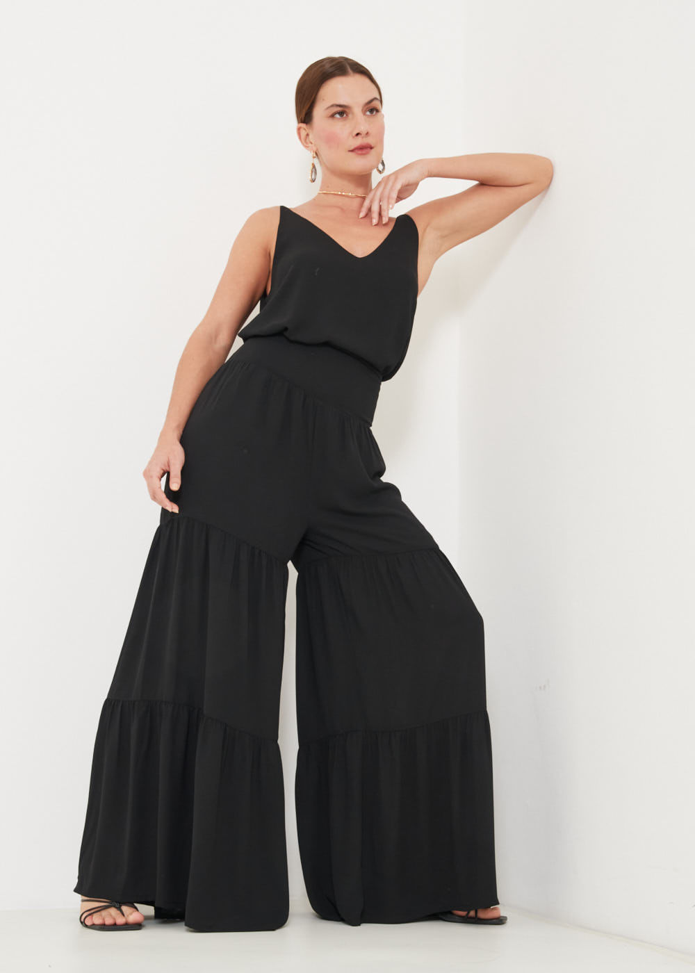 52.10.3217PTO CALÇA PANTALONA  CHIFFON DETALHE RECORTES