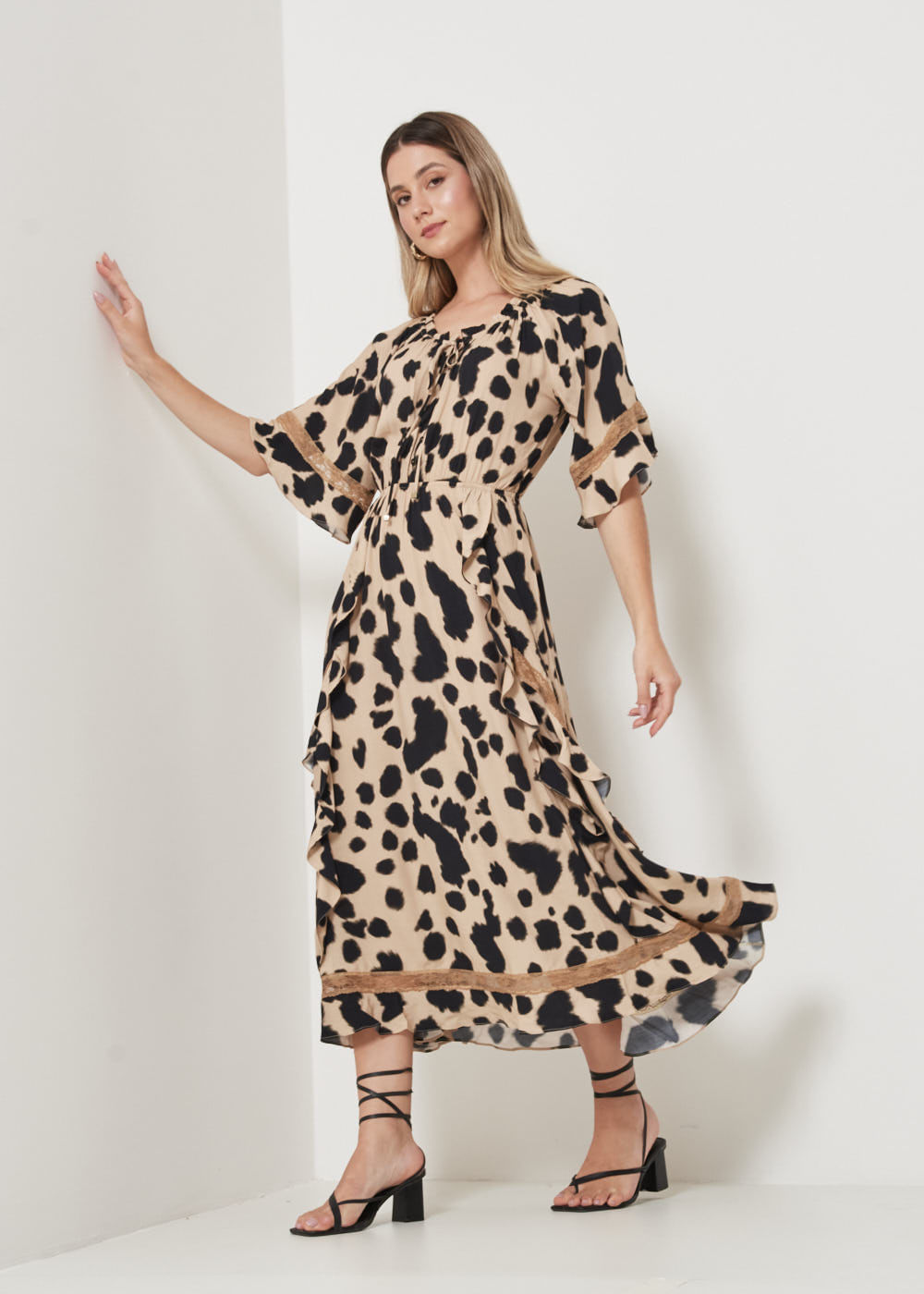 53.50.3228ARE VESTIDO LONGUETE MANGA 3/4 ESTAMPA LEOPARD SKIN