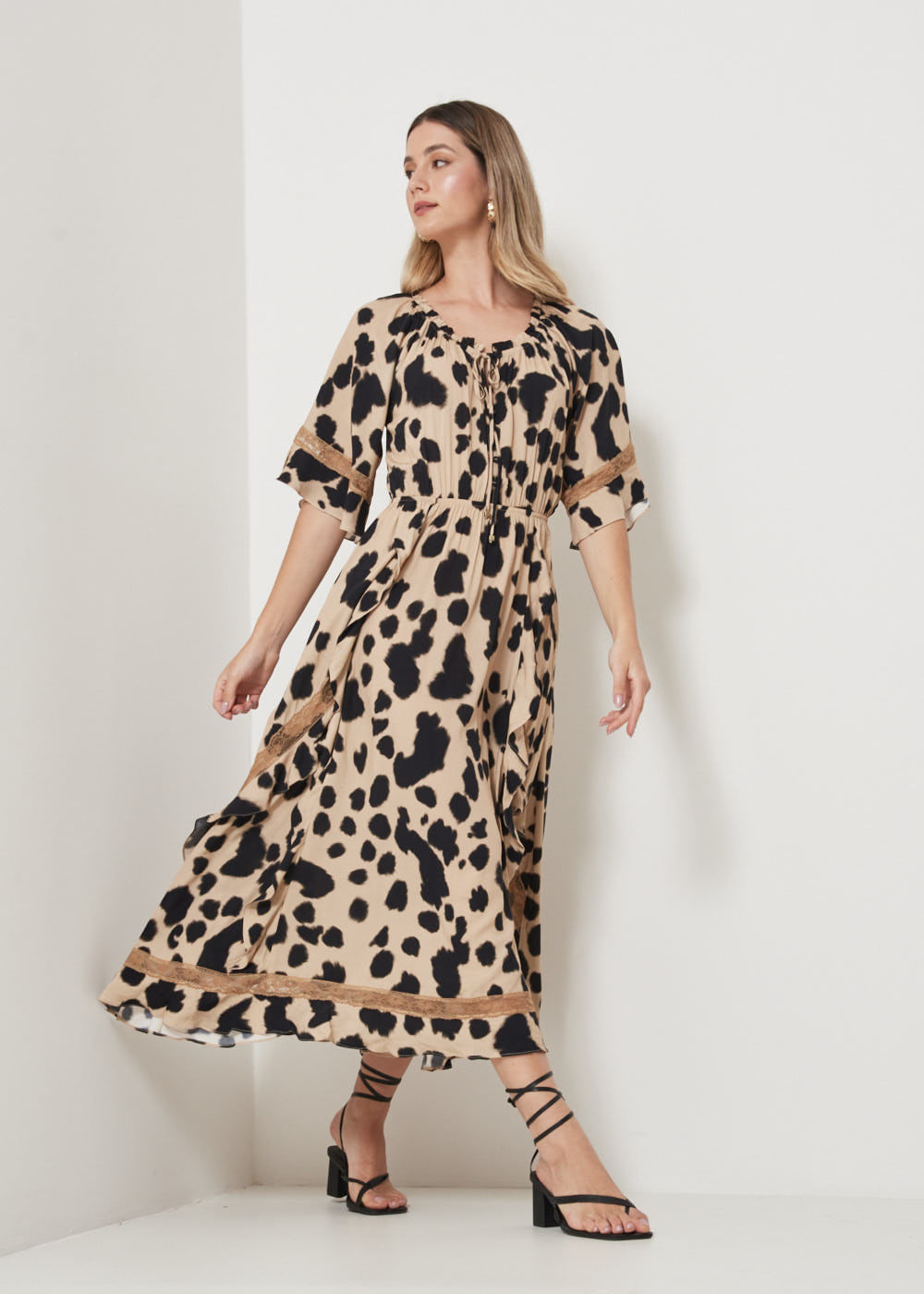 53.50.3228ARE VESTIDO LONGUETE MANGA 3/4 ESTAMPA LEOPARD SKIN