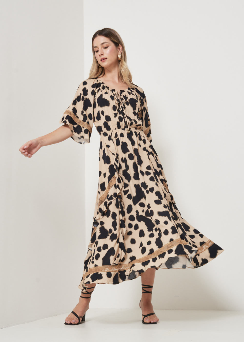 53.50.3228ARE VESTIDO LONGUETE MANGA 3/4 ESTAMPA LEOPARD SKIN