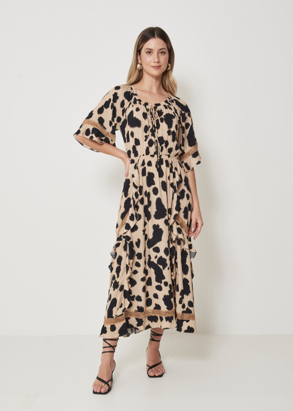 53.50.3228ARE VESTIDO LONGUETE MANGA 3/4 ESTAMPA LEOPARD SKIN