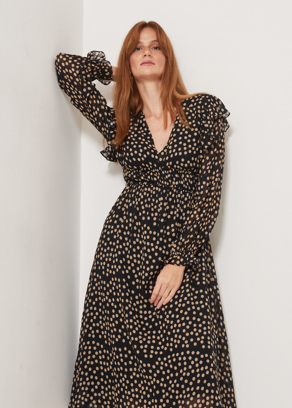 53.23.3308PTO VESTIDO MIDI MANGA 7/8 ESTAMPA POÁ