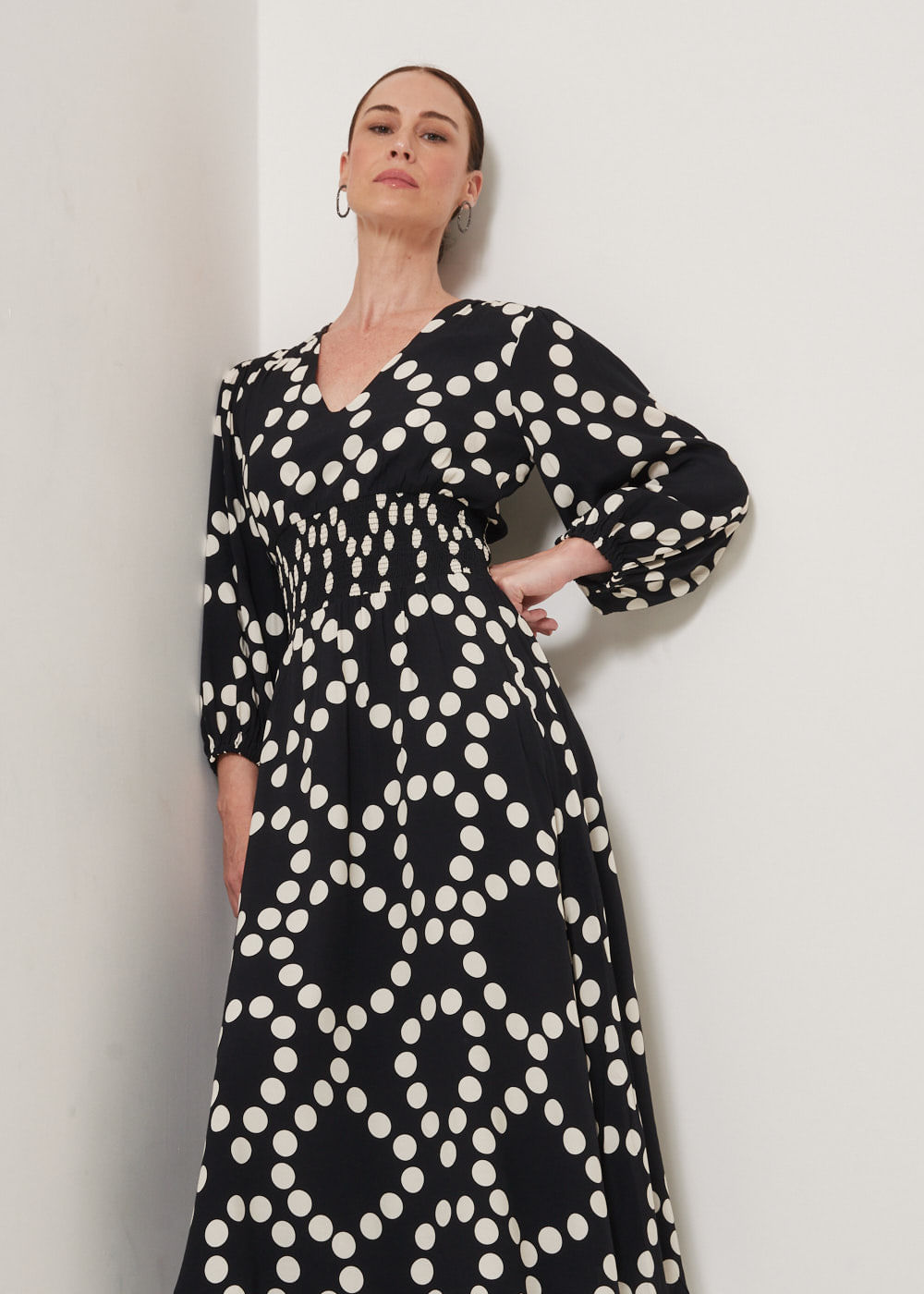 53.23.3309EST VESTIDO MIDI MANGA 7/8 ESTAMPA POLKA DOTS