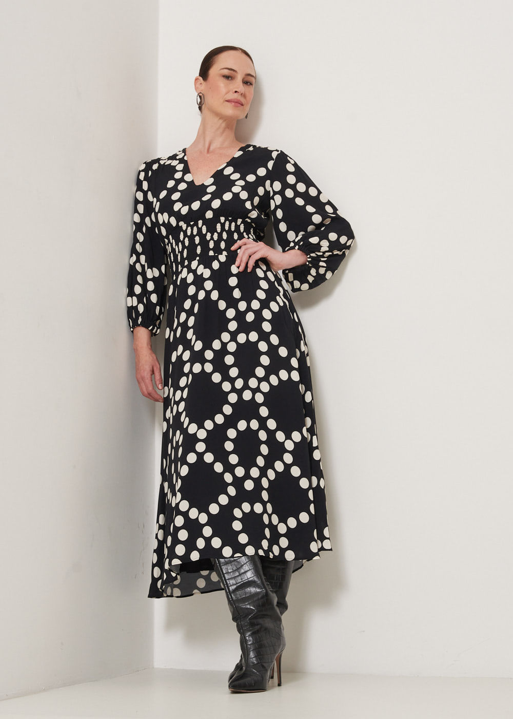 53.23.3309EST VESTIDO MIDI MANGA 7/8 ESTAMPA POLKA DOTS