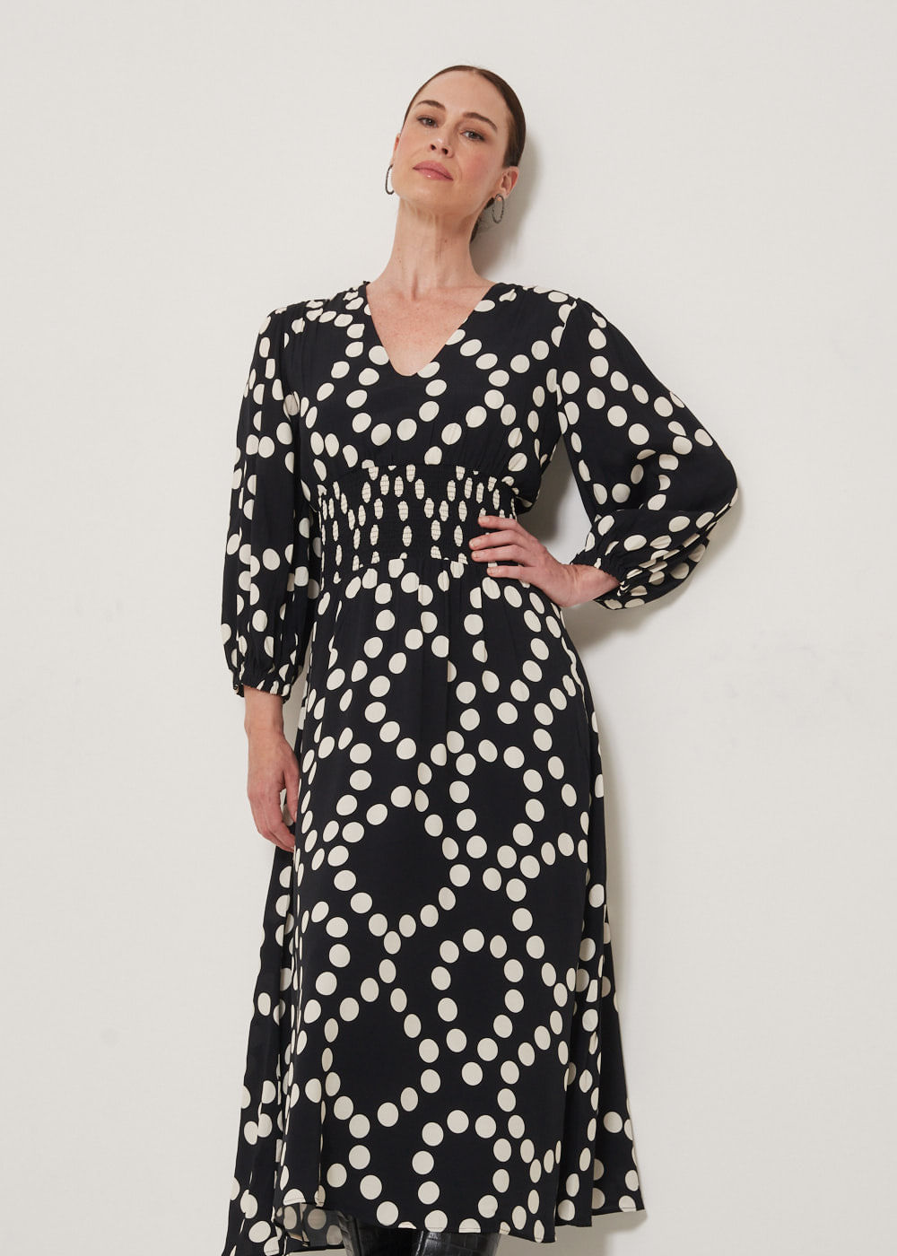 53.23.3309EST VESTIDO MIDI MANGA 7/8 ESTAMPA POLKA DOTS