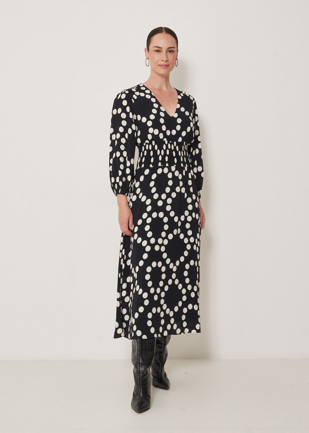 53.23.3309EST VESTIDO MIDI MANGA 7/8 ESTAMPA POLKA DOTS