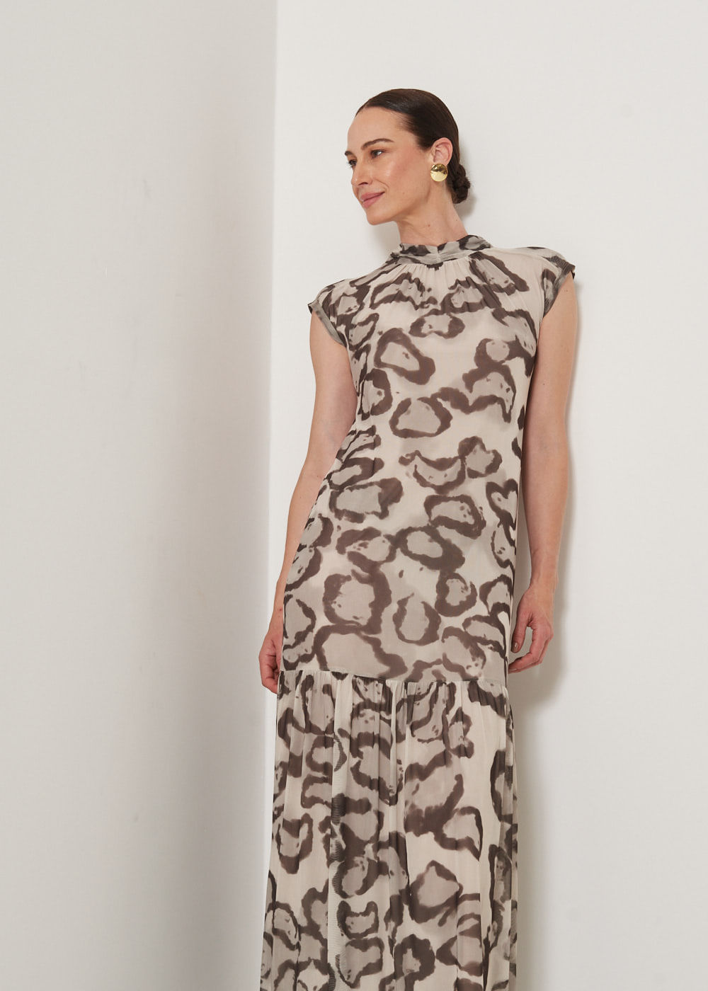 63.50.3303EST VESTIDO LONGO DE TULE ESTAMPA LEOPARD BRUN
