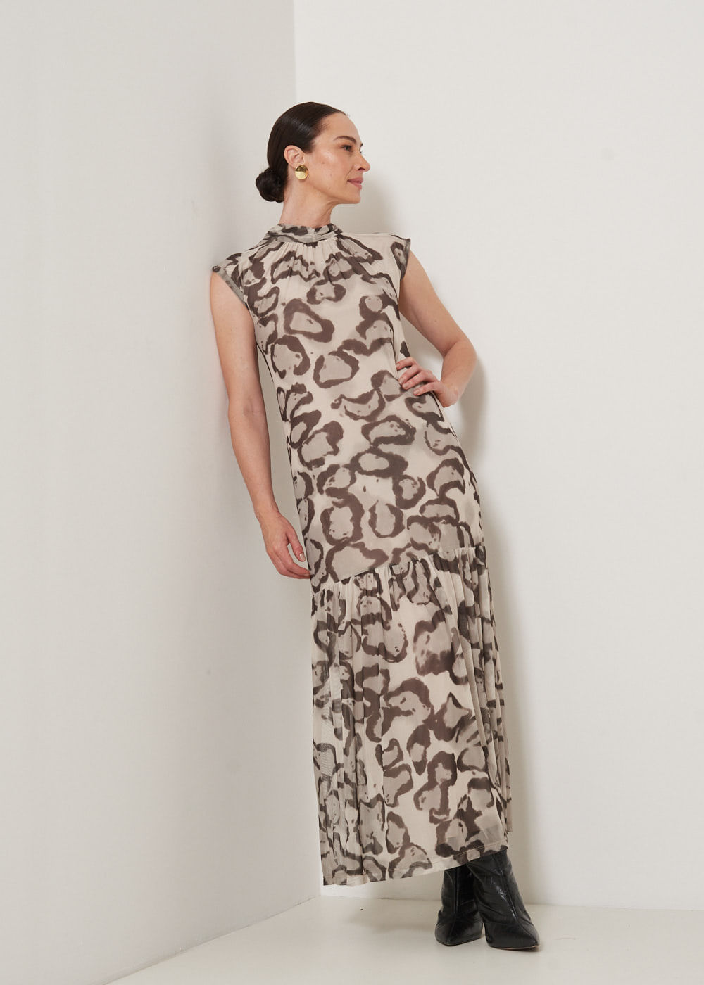 63.50.3303EST VESTIDO LONGO DE TULE ESTAMPA LEOPARD BRUN