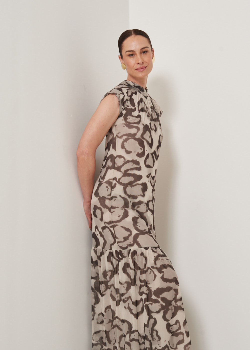 63.50.3303EST VESTIDO LONGO DE TULE ESTAMPA LEOPARD BRUN