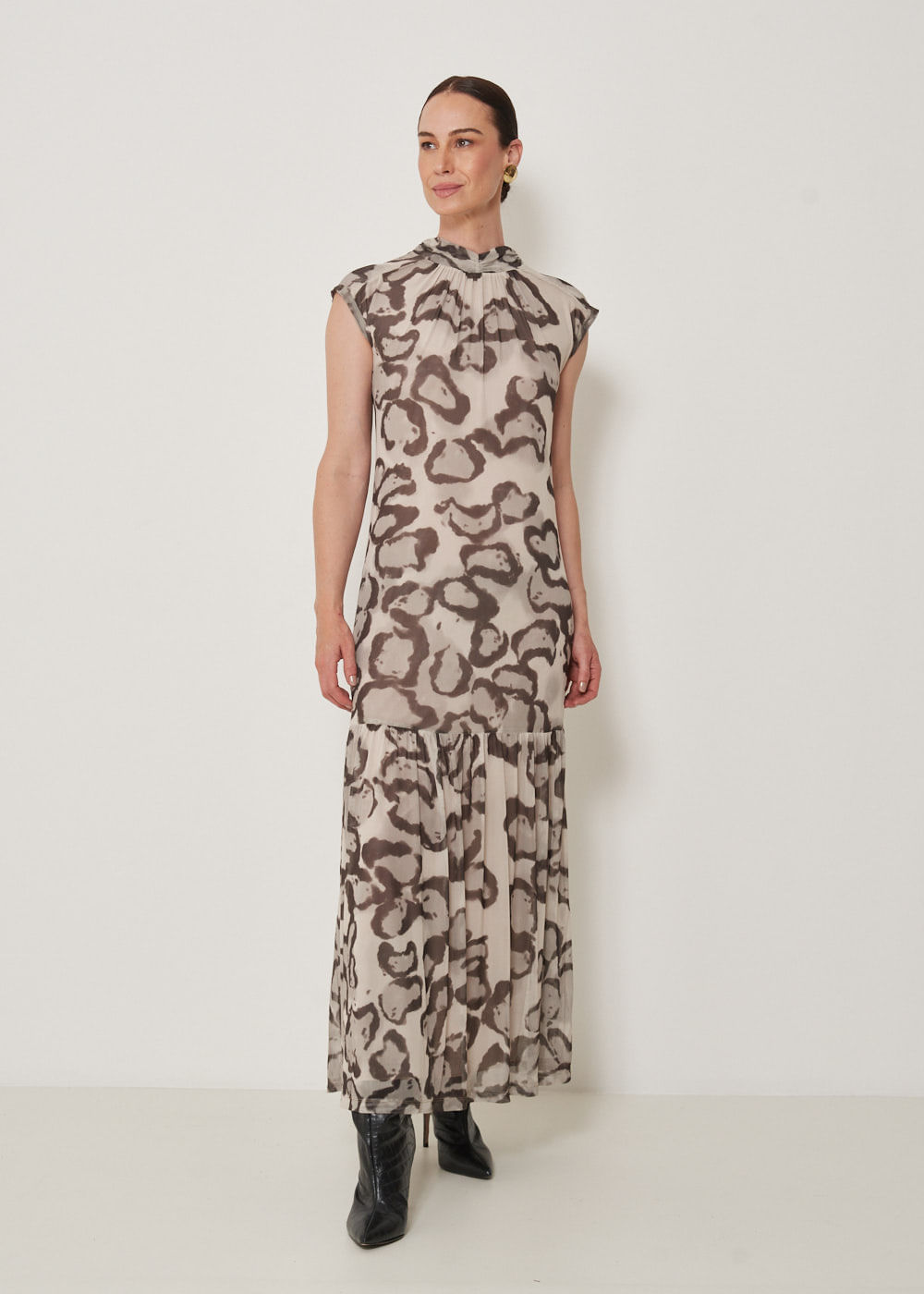 63.50.3303EST VESTIDO LONGO DE TULE ESTAMPA LEOPARD BRUN