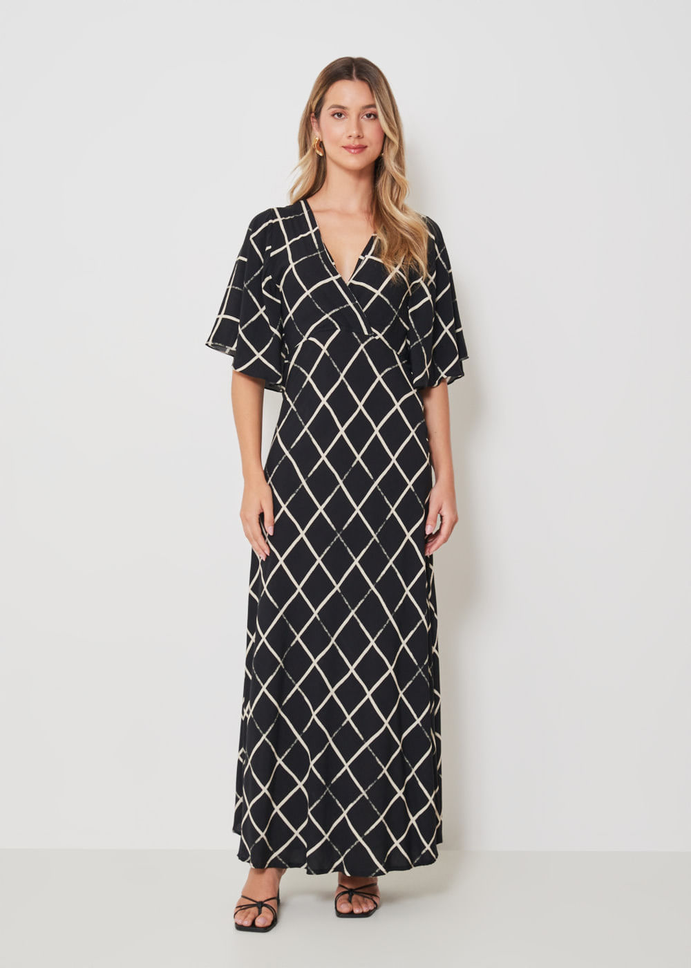 53.40.3404EST VESTIDO LONGO MANGA GODÊ ESTAMPA ABSTRACT SQUARE