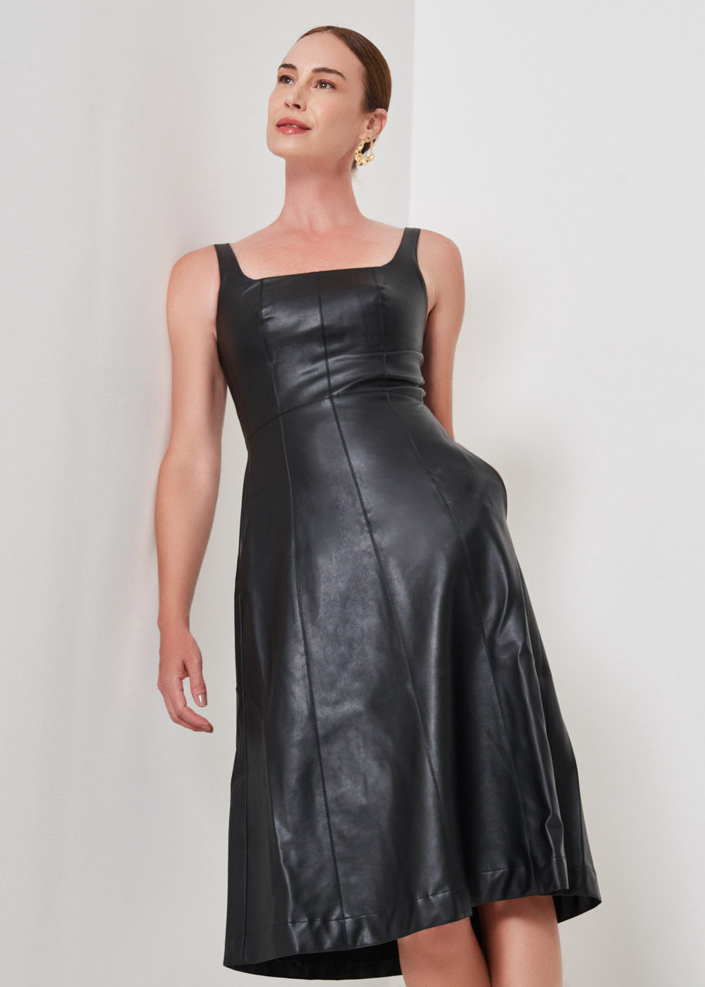 Vestido Midi Evasê Couro Sintético MOB