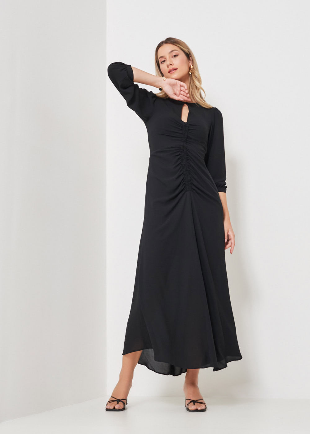 53.40.3408PTO VESTIDO LONGUETE CHIFFON DETALHE FRANZIDOS