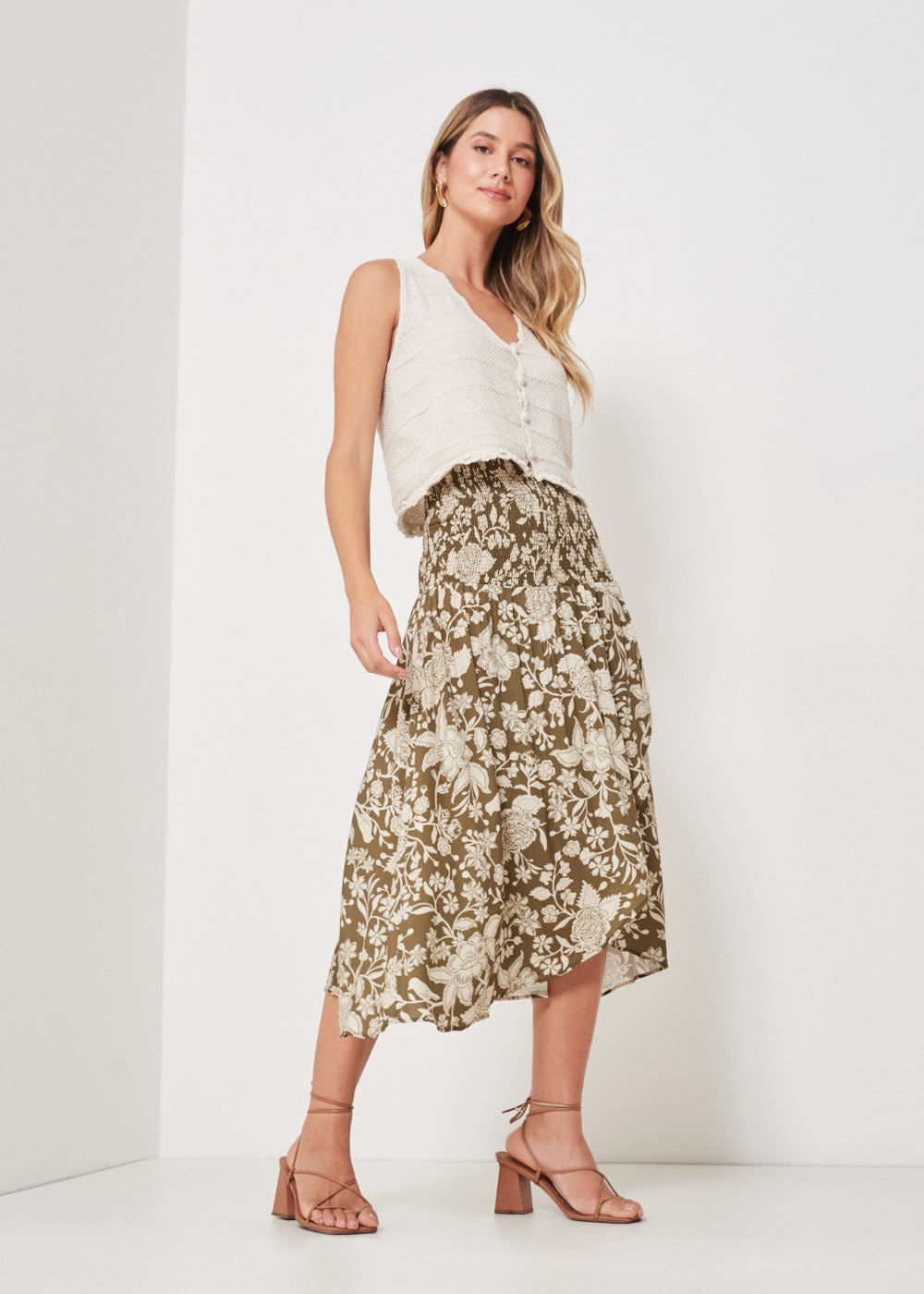 54.21.3409MIL SAIA MIDI LASTEX ESTAMPA FLORAL LEAVES