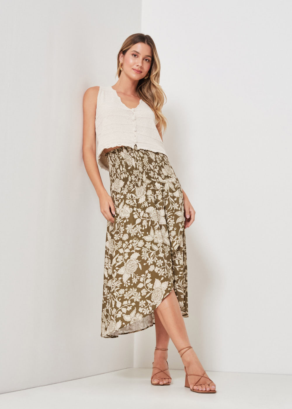 54.21.3409MIL SAIA MIDI LASTEX ESTAMPA FLORAL LEAVES