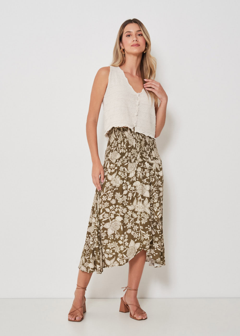 54.21.3409MIL SAIA MIDI LASTEX ESTAMPA FLORAL LEAVES