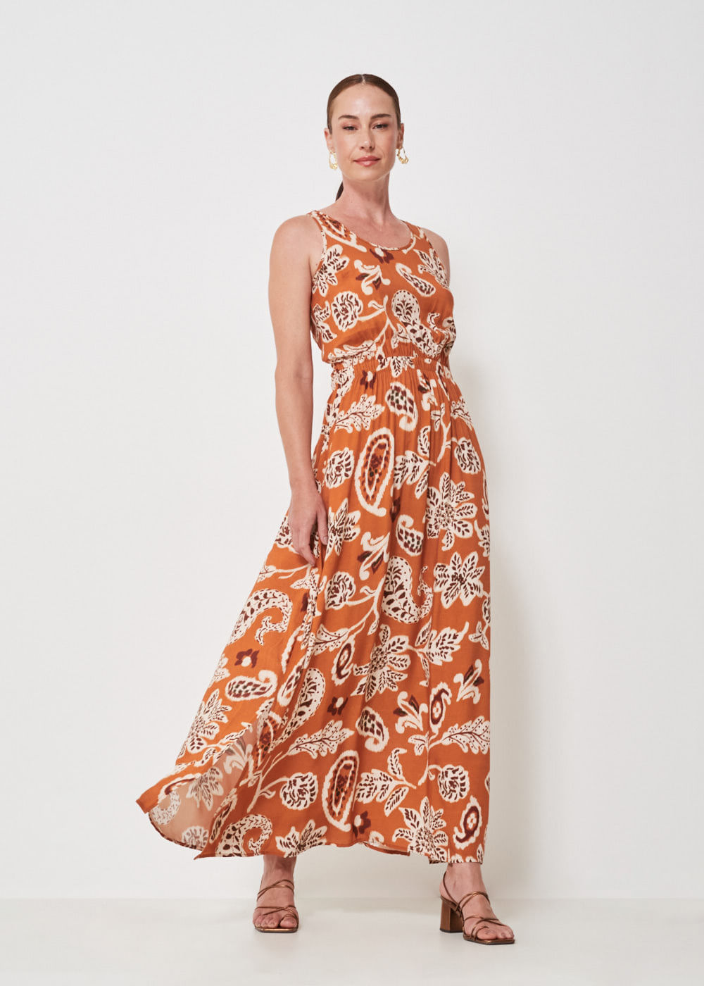 53.50.3403LAR VESTIDO LONGO VAZADO COSTAS ESTAMPA SUMMER PAISLEY