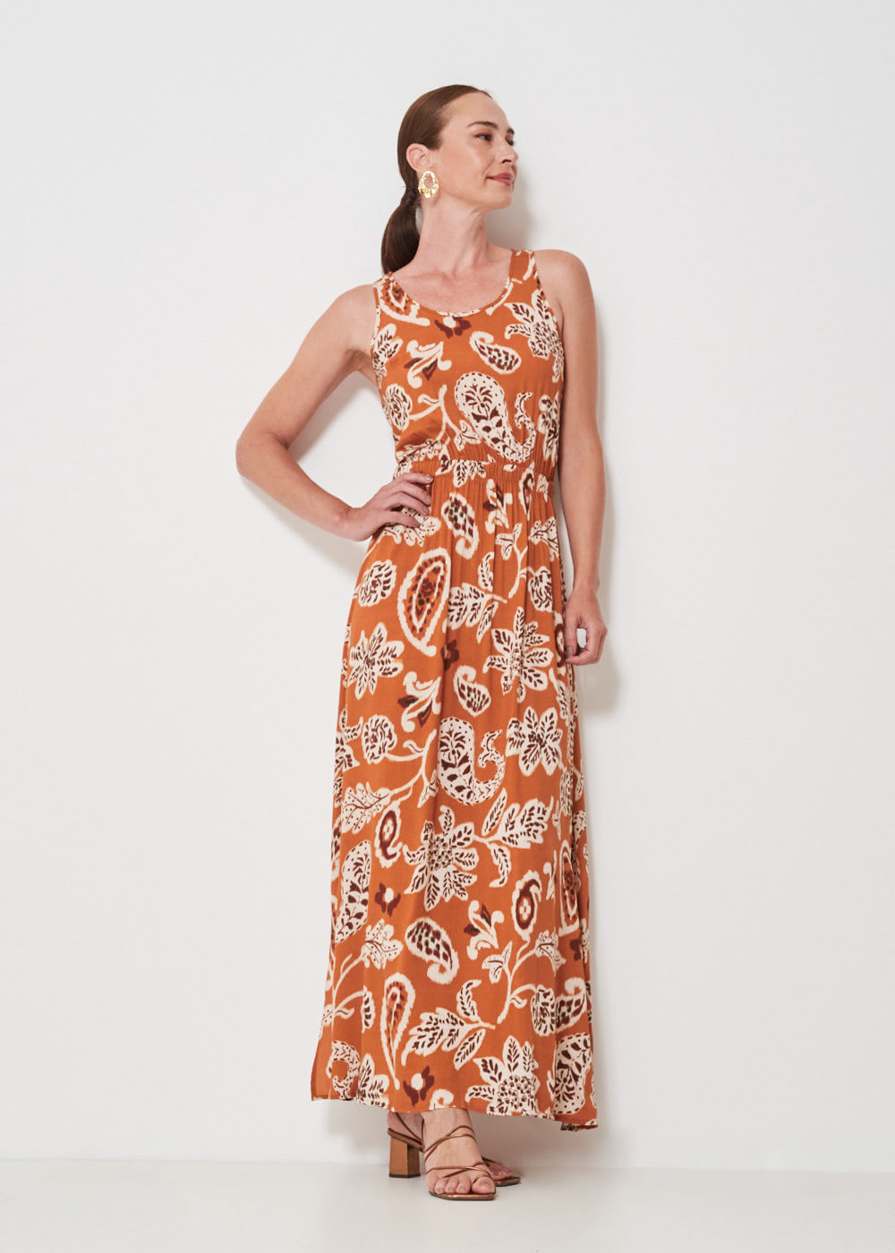 53.50.3403LAR VESTIDO LONGO VAZADO COSTAS ESTAMPA SUMMER PAISLEY