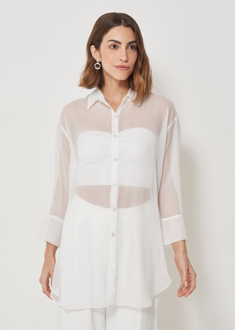 55.40.3420BCO CAMISA OVERSIZED MANGA 3/4 C/ TRANSPARENCIA