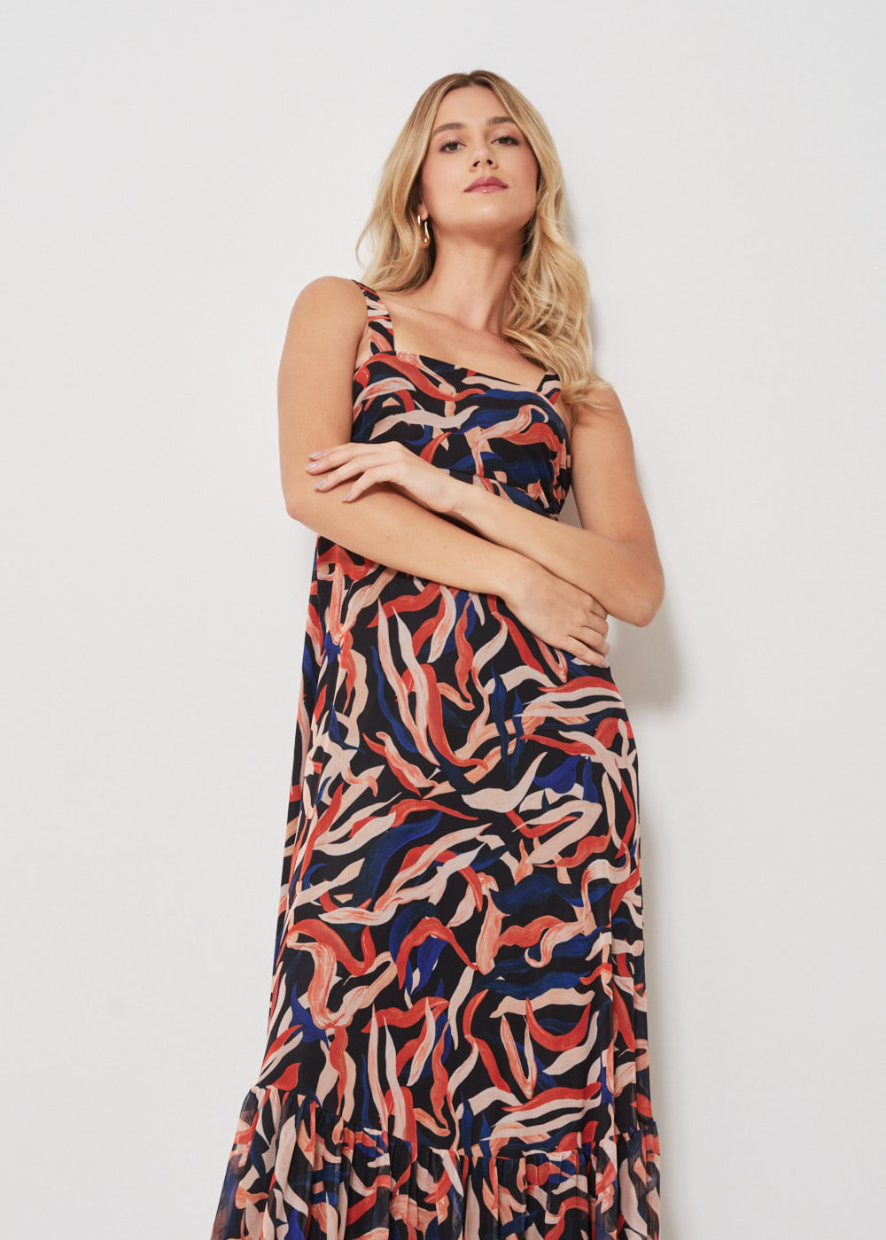 63.50.3404EST VESTIDO LONGO TULE ESTAMPA CORAL AQUARELA