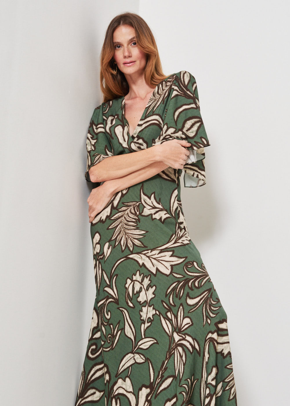 53.50.3432MIL VESTIDO LONGO MANGA GODÊ ESTAMPA FOLHAGEM ABSTRATA