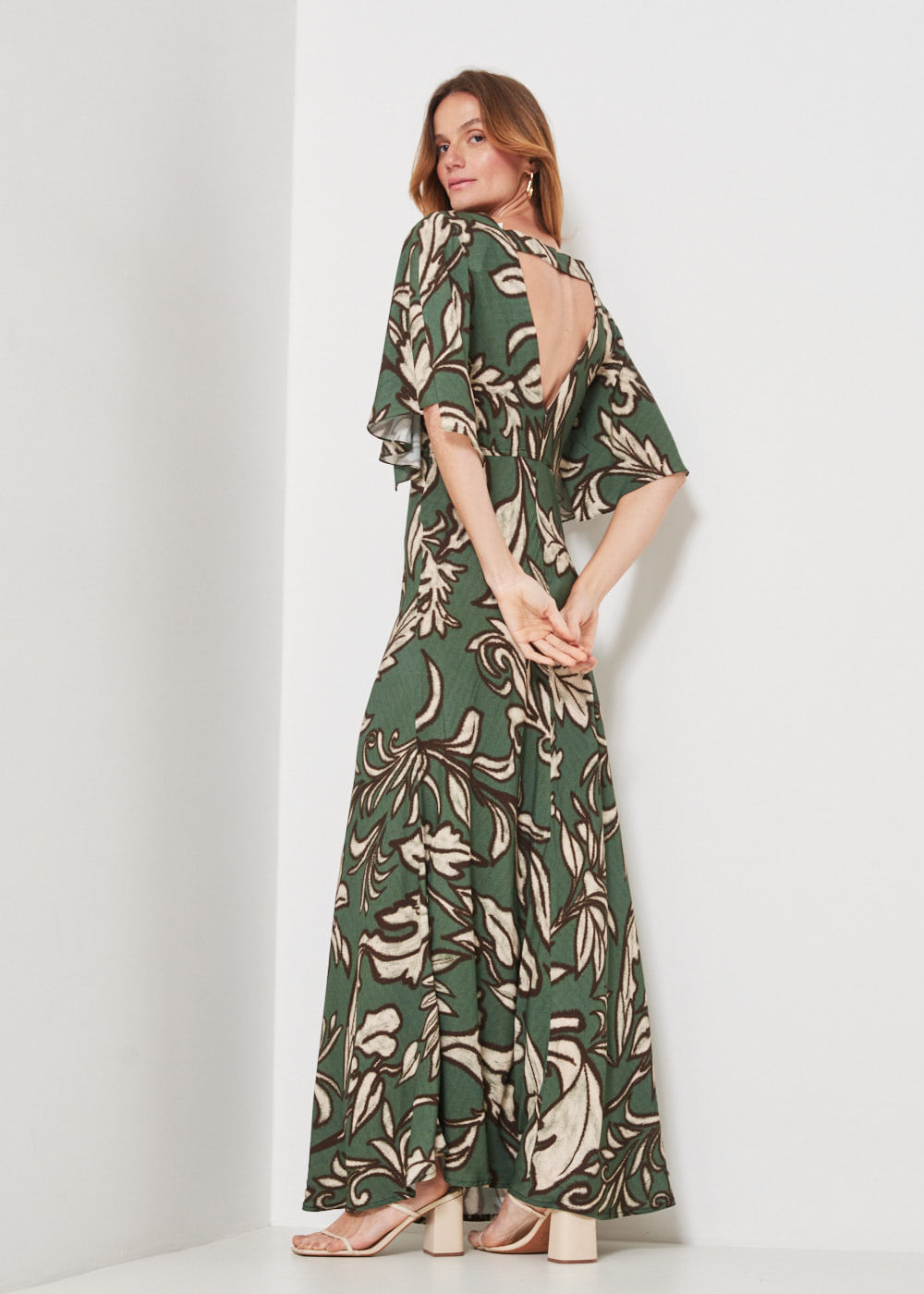 53.50.3432MIL VESTIDO LONGO MANGA GODÊ ESTAMPA FOLHAGEM ABSTRATA