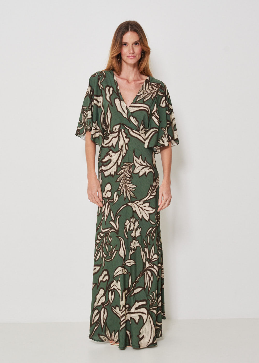 53.50.3432MIL VESTIDO LONGO MANGA GODÊ ESTAMPA FOLHAGEM ABSTRATA