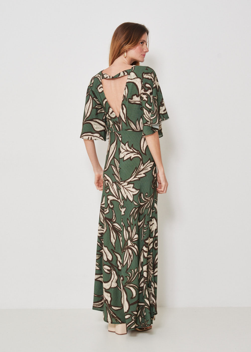 53.50.3432MIL VESTIDO LONGO MANGA GODÊ ESTAMPA FOLHAGEM ABSTRATA