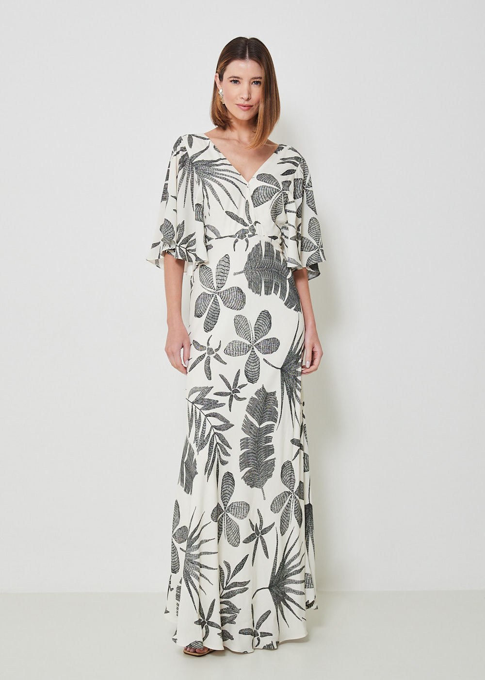 53.50.3436EST VESTIDO LONGO MANGA GODÊ ESTAMPA TROPICAL LEAVES
