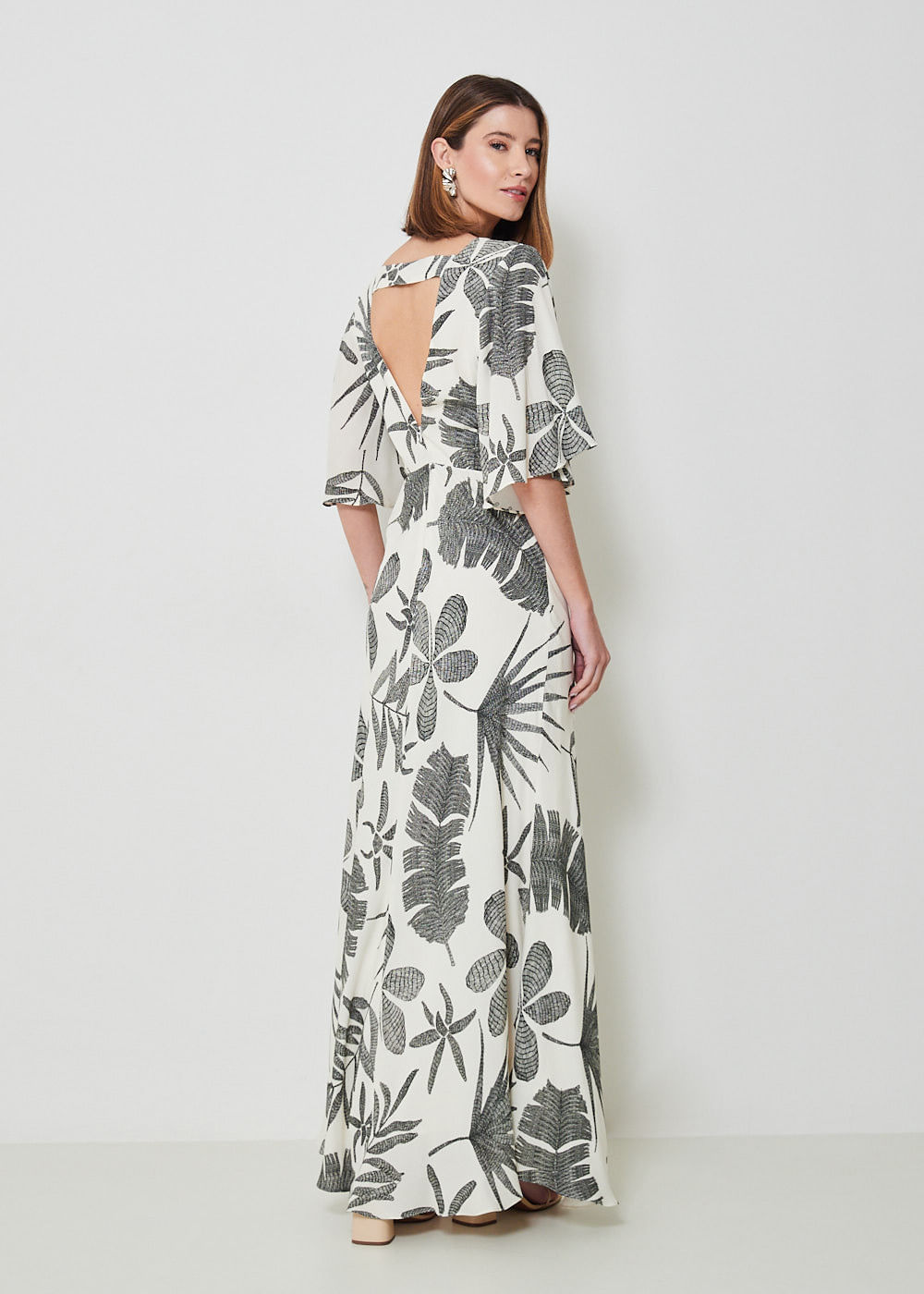 53.50.3436EST VESTIDO LONGO MANGA GODÊ ESTAMPA TROPICAL LEAVES
