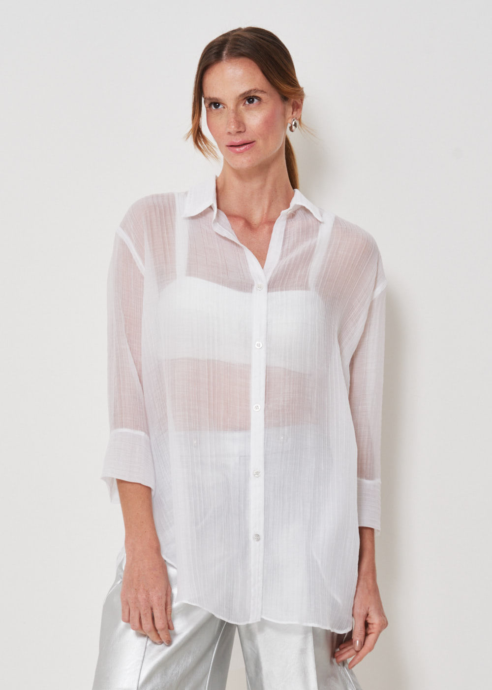 55.40.3412BCO CAMISA OVERSIZED MANGA 3/4 C/ TRANSPARENCIA