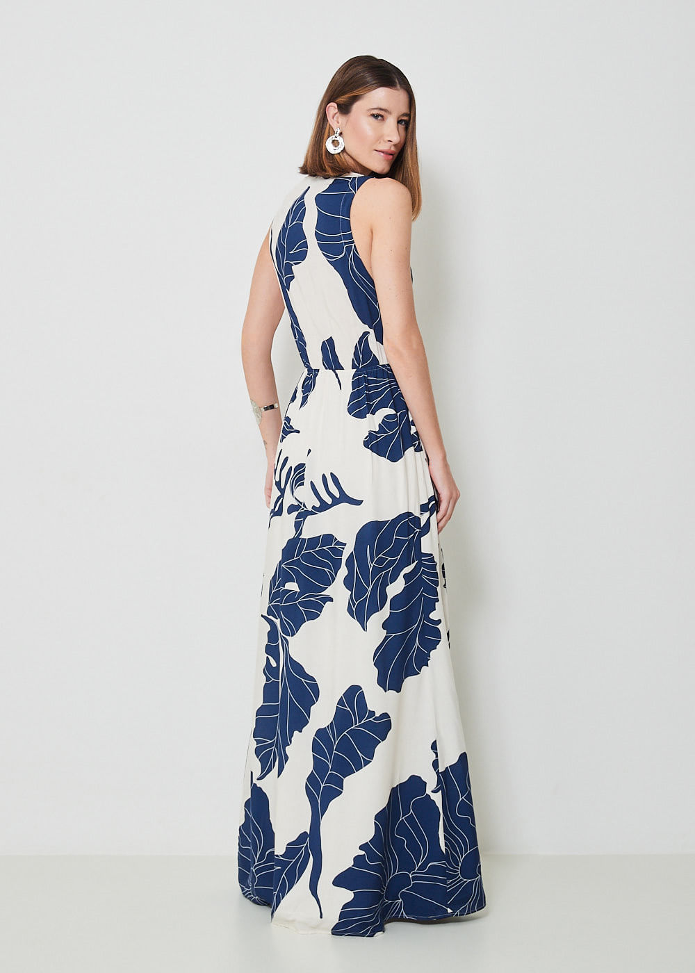 53.50.3444EST VESTIDO LONGO PREGAS ESTAMPA BLUE LEAVES